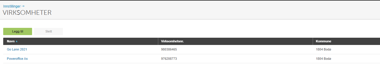 Virksomheter-tabell: Go Lenn 2021 og Poweroffice As med organisasjonsnumre og kommune Bodø