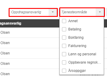 Oppdragsansvarlig → Tjenestetype dropdown-menyer med filteralternativer (Annet, Betaling, Bokføring, Fakturering, Lønn, Oppbevare regnsk., Årsoppgjør)