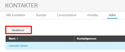 Arkiv-fanen med Reaktiver-knapp og Leonard James som inaktiv kontakt
