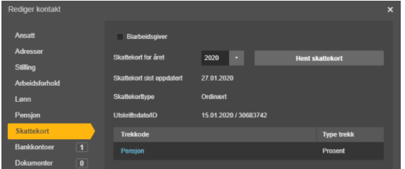 Rediger kontakt: Skattekort-fane med året 2020, beløp 27.01.2020, ordinær type, trekkoder Pensjon og Pinsent