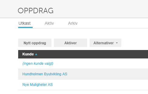 Oppdrag-liste Utkast-fane med Kunde-kolonne som viser Hundholmen Byutvikling AS og Nye Muligheter AS