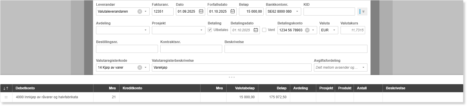 Innkjøpsfaktura: leverandør Valutaleveranderen, faktura 12351, 01.09.2025, EUR 15 000 → konto 1234 56 78903
