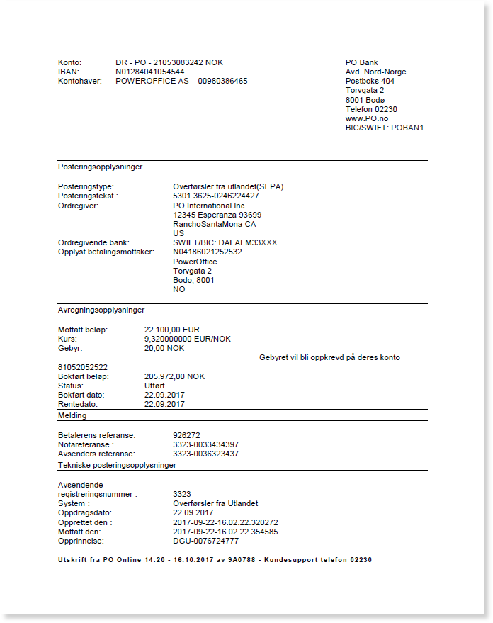 Bankkontoutskrift PowerOffice AS: SEPA-overføring 22 100 EUR, bokført 22.09.2017