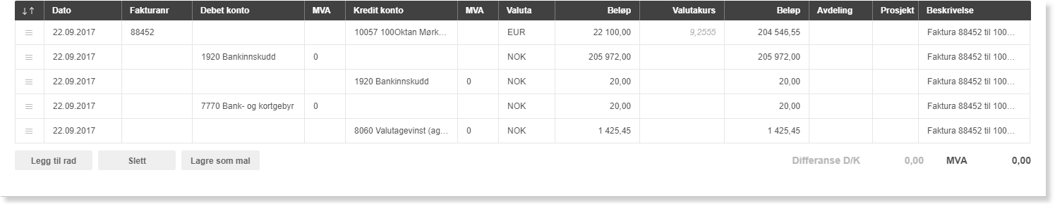 Posteringstabell faktura 88452: 5 linjer debet/kredit fordelt EUR og NOK, Bankinnskudd og gebyrkonti, MVA 0,00