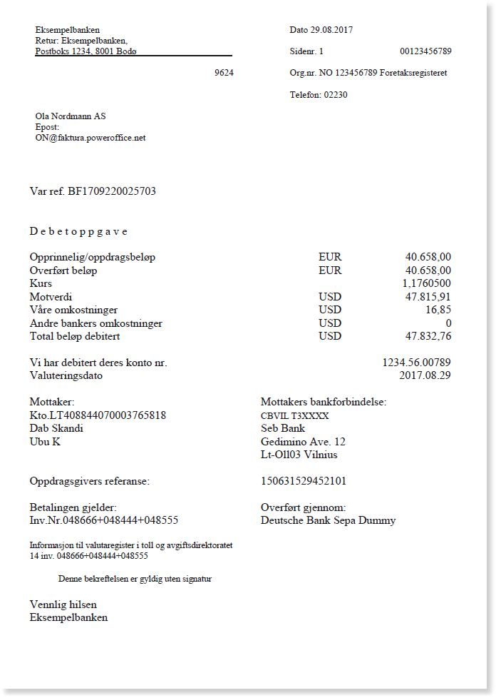 Bankavskrift Eksempelbanken 29.08.2017: Ola Nordmann AS, debetoppgave EUR/USD 40.658,00, konto 1234.56.00789