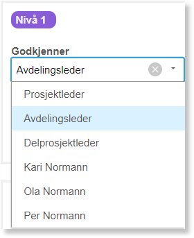 Nivå 1 Godkjenner-dropdown med Avdelingsleder valgt og liste over alternative godkjennere