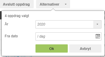 Filterdialog: 4 oppdrag valgt, år 2020, fra dato i dag. Ok og Avbryt-knapper