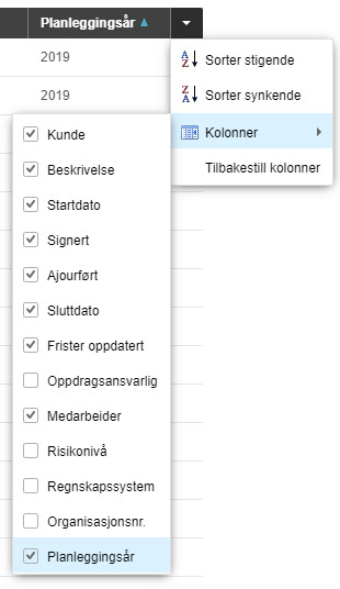 Planleggingssår-filter: avmerkingsbokser for Kunde, Beskrivelse, Startdato, Signert, Ajourført, Slutdato, Frister, Medarbeider