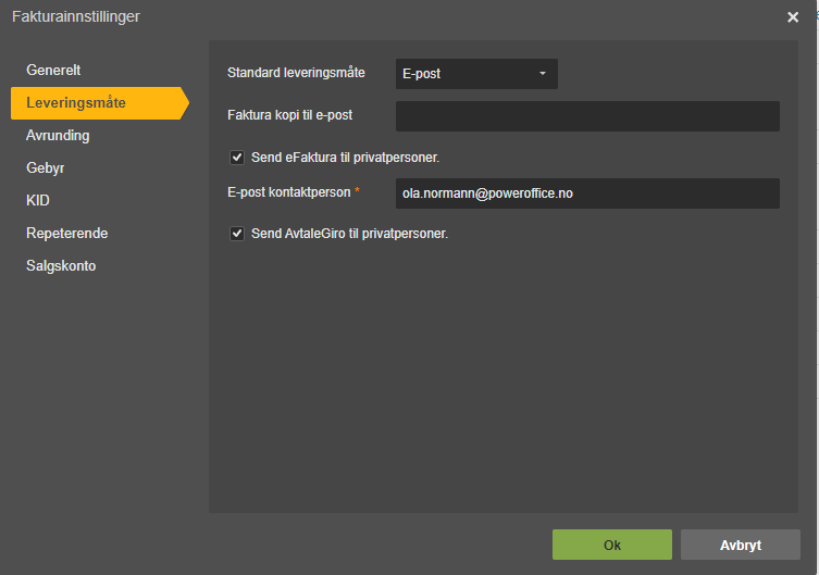 Fakturainnsittinger → Leveringsmåte: Standard E-post, Send eFaktura/AvtaleGiro til privatpersoner aktivert