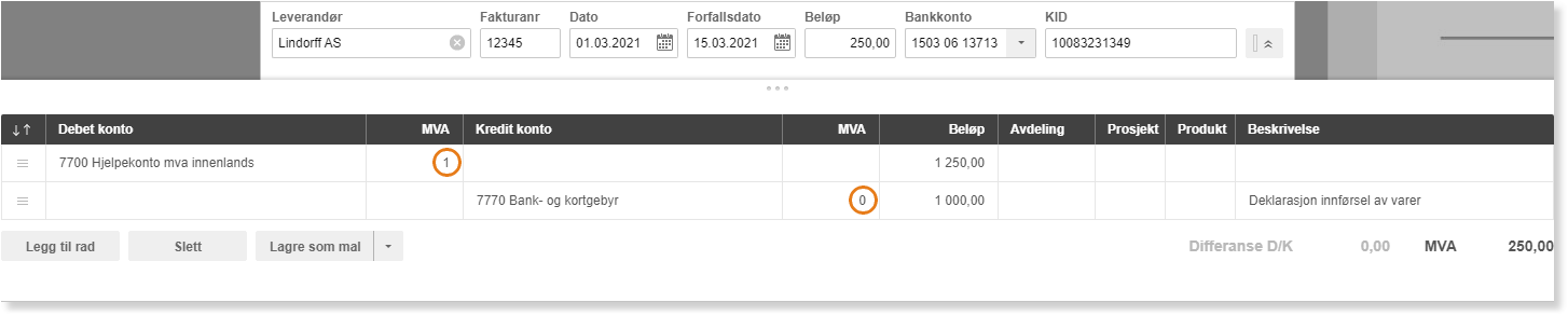 Faktura Lindørff AS: debet 7700 (1 250) → kredit 7770 (1 000), mva balansert til 0,00