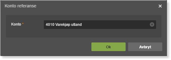Konto referanse-dialog: 4010 Varekjøp utland valgt, Ok og Avbryt-knapper
