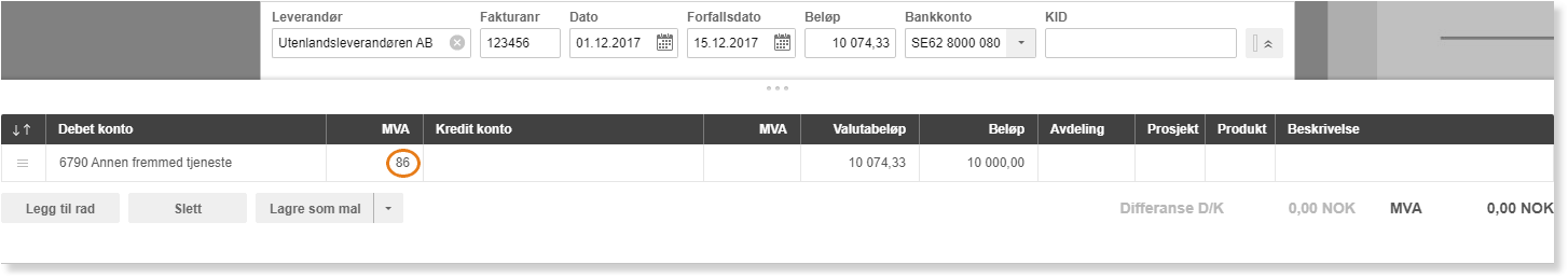 Innkommende faktura: Utenlandsleverandøren AB, nr. 123456, forfalt 15.12.2017. Debet 6790 (MVA 88), beløp 10.074,33