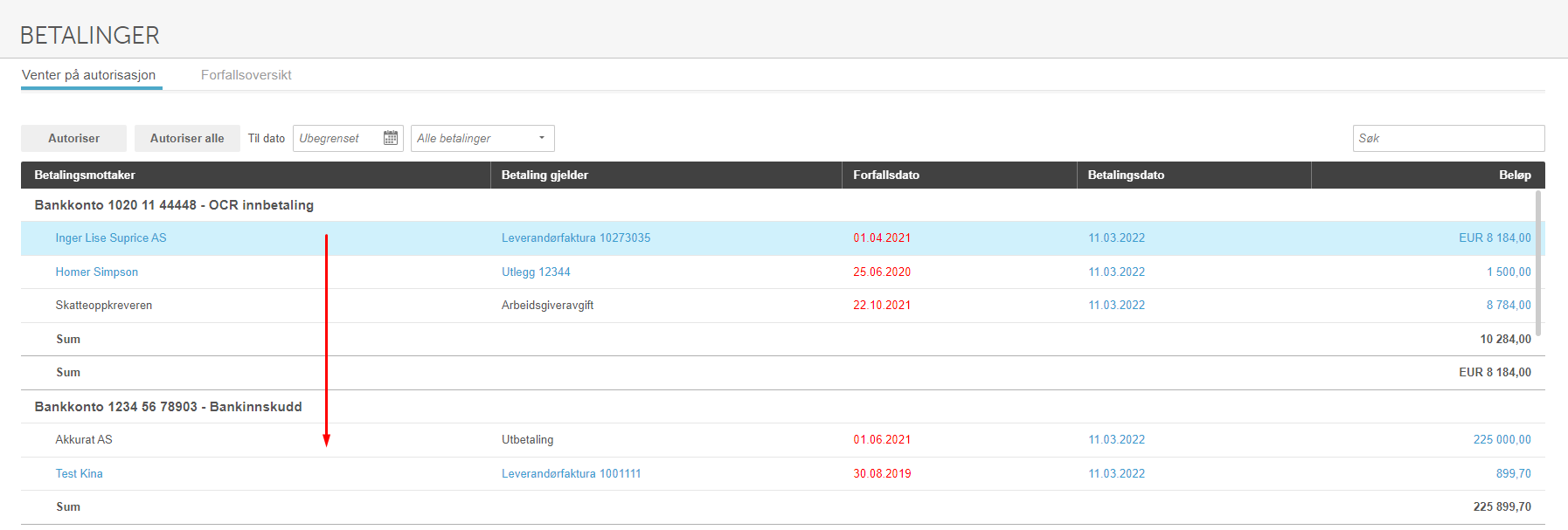 Betalinger-listen med to bankkonti, innbetalinger sortert etter forfallsdato, delsummer per konto