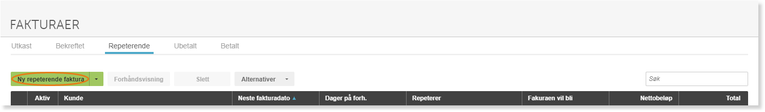 Faner Ulkast, Bekreftet, Repeterende (aktiv), Uebetalt, Betalt. Grønn knapp Ny repeterende faktura