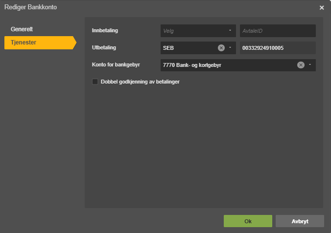 Dialogboks Rediger Bankkonto: Innebetalingsvalg SEB, kontonummer 00332924910005, gebyrgebyr 7770