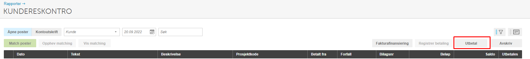 Kundereskontroskjerm med faner, filtervalg for dato, søk og tabellkolonner for transaksjonsposter