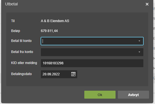 Betalingsdialog: A & B Eiendom AS, 679 811,44 kr, KID 10168103298, dato 20.09.2022