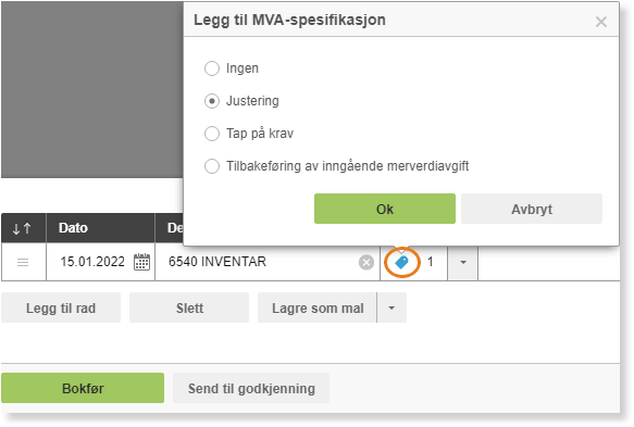 Dialogboks MVA-spesifikasjon med Justering valgt, Ok og Avbryt-knapper