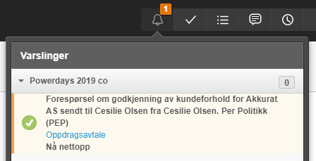 Varslinger-panel med oppgave Powerdays 2019 co avmerket grønt og lenke til Oppdragsavtale