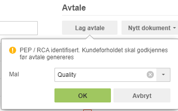Avtale-dialogboks: PEP/RCA-advarsel, Mal satt til Quality, OK og Avbryt-knapper
