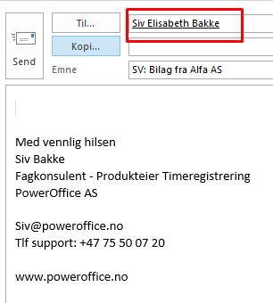 Kontaktkort for Siv Elisabeth Bakke med e-post, telefon og adresse for PowerOffice AS