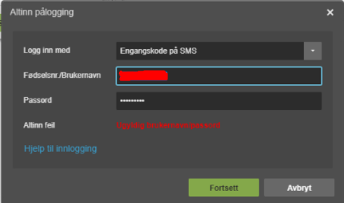Allinn pålogging: fødselsnr/brukernavn, passord og SMS-engangskode, med feilmelding og Fortsett/Avbryt-knapper
