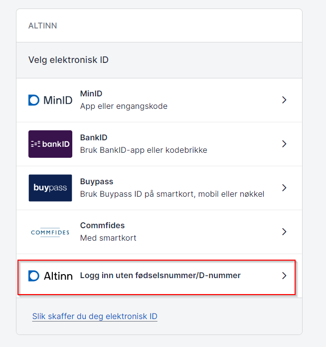 Fem elektronisk ID-metoder: MinID, BankID, Buypass, Commfides, Altinn (markert rød) — velg innloggingsmetode