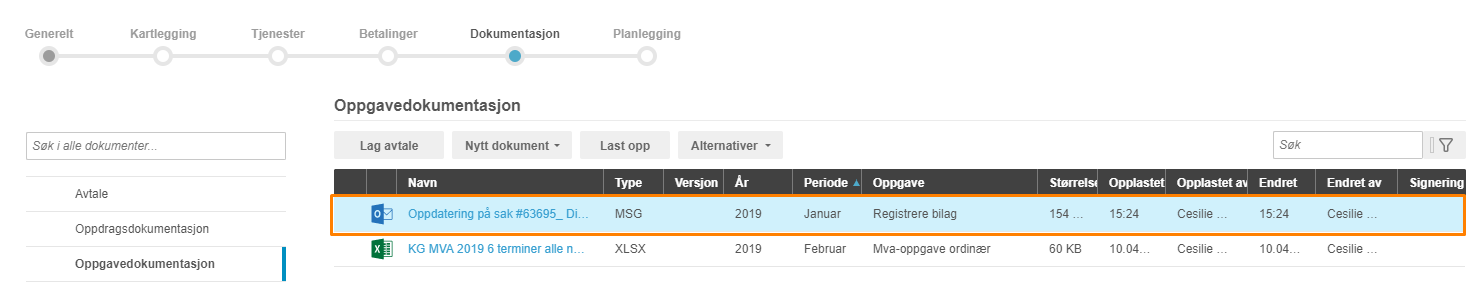 Tabell oppgavedokumentasjon 2019: MSg-fil januar markert, KG MVA Excel februar nedenfor