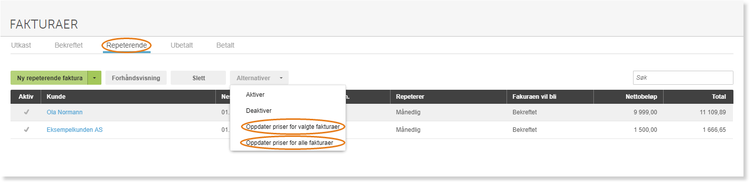 Repeterende fakturaer med dropdown-meny: Aktiver, Deaktiver, Oppdater priser for valgte/alle fakturaer