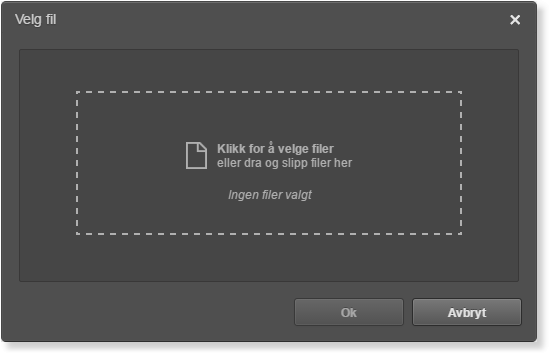 Dialogboks Velg fil med tom zone for drag-and-drop eller klikk, status Ingen filer valgt