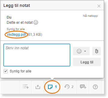 Legg til notat-dialogboks: tekstfelt, vedlegg PDF (81,3 KB), Synlig for alle avkrysset, Legg til-knapp