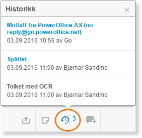 Historikk-dialogboks med e-postmottak, splittning og OCR-tolking av transaksjon