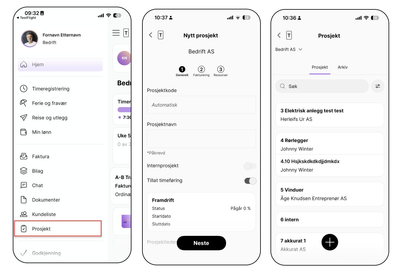 Mobil-meny PO Go med Prosjekt markert i rød boks blant menypunkter som Timeregistrering, Faktura og Kundeliste