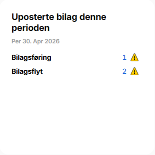 Uposterte bilag for perioden per 30. april 2026 med 1 bilagsføring og 2 bilagsflyt-avvik markert med varseltrekanter