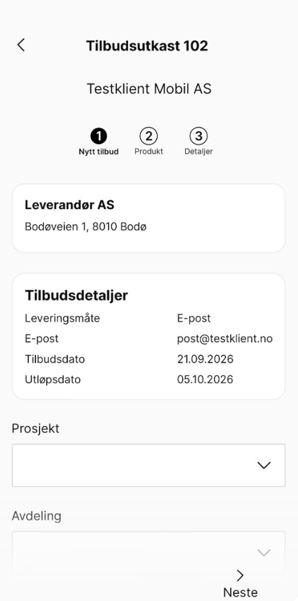 PowerOffice Go-app tilbudsskjerm med kundevalg, produktlinje og beløp