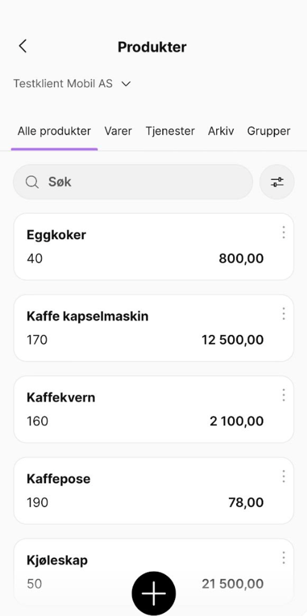 PowerOffice Go-app produktliste med søk, filter og produktkort