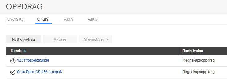 Quality-oppdrags-dialog med dropdown for kundetype, prospektkunde valgt