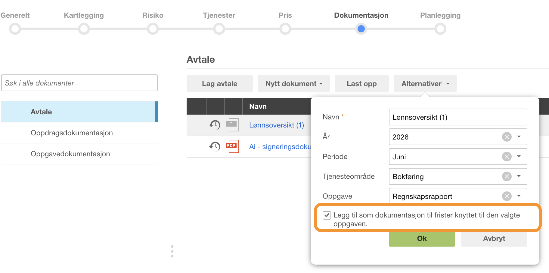 Quality dokumentasjons-dialog med felt for å velge år, oppgave og avkrysningsboks for visning på frister