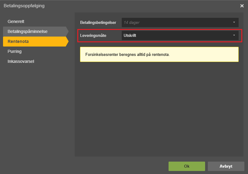 Innstillinger for rentenota med dropdown for leveringsmåte satt til Utskrift