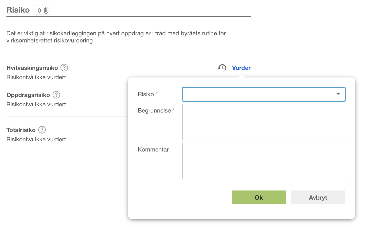 Risikodialog med Risiko-dropdown, Begrunnelse- og Kommentar-felter, samt Ok- og Avbryt-knapper