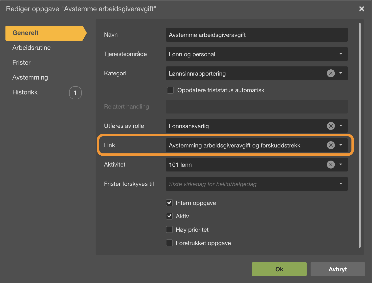 Dialogboks Rediger oppgave med Link-feltet fremhevet: Avstemming arbeidsgiveravgift og forskuddstrekk