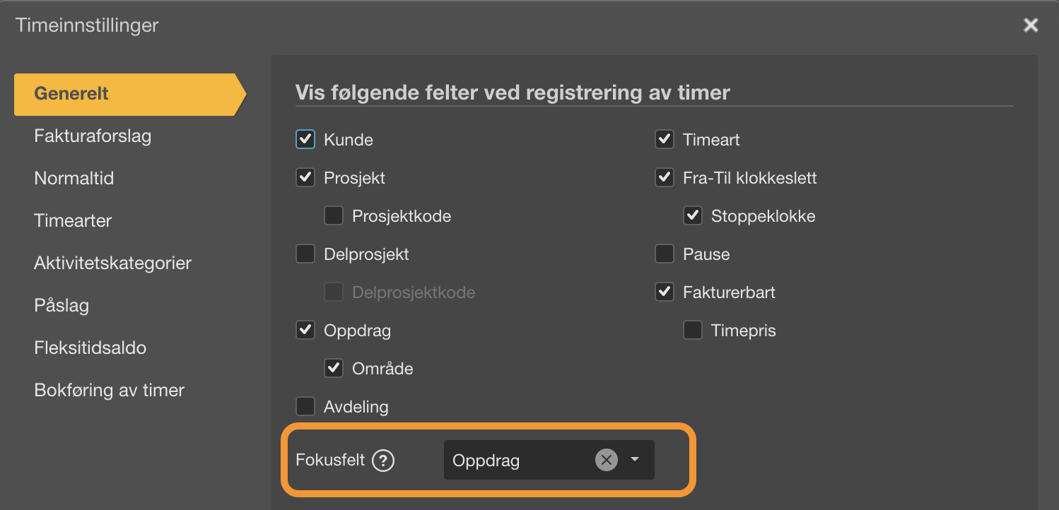 Timeinnstillinger med dropdown for valg av fokusfelt ved timeføring