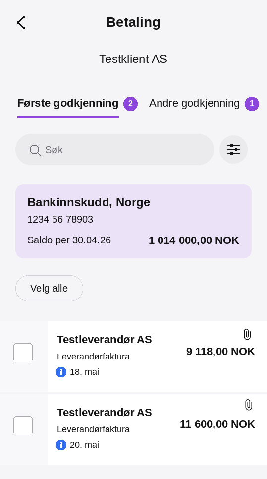 PowerOffice Go-app Betalinger-skjerm med banksaldo og sist oppdatert-tidspunkt