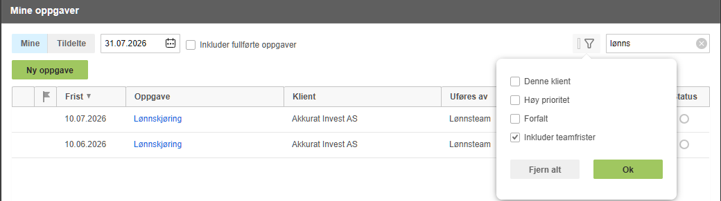 Quality Mine oppgaver-skjerm med avkrysningsboks for å vise teamfrister