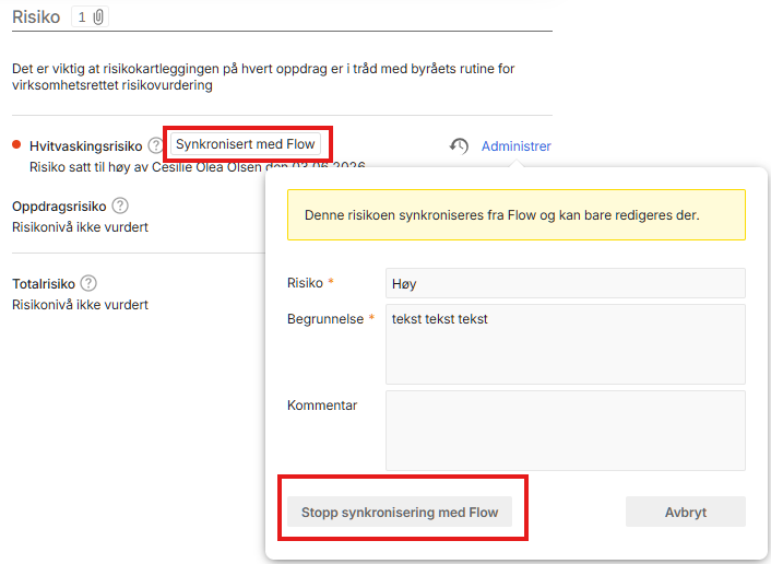 Bekreftelsesdialog for synkronisering av risiko fra Flow